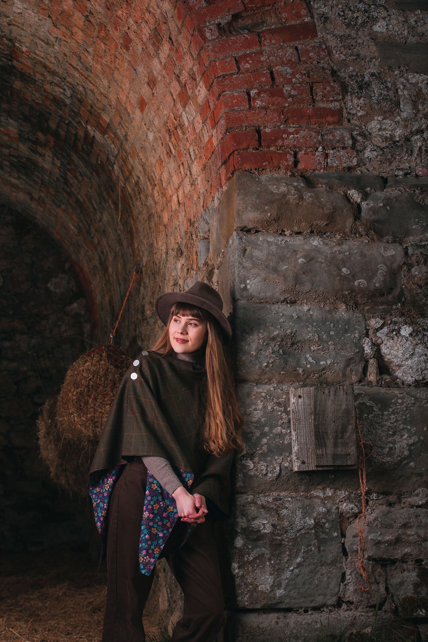 Rich Brown Lovat Tweed Poncho lined with Liberty Fabrics