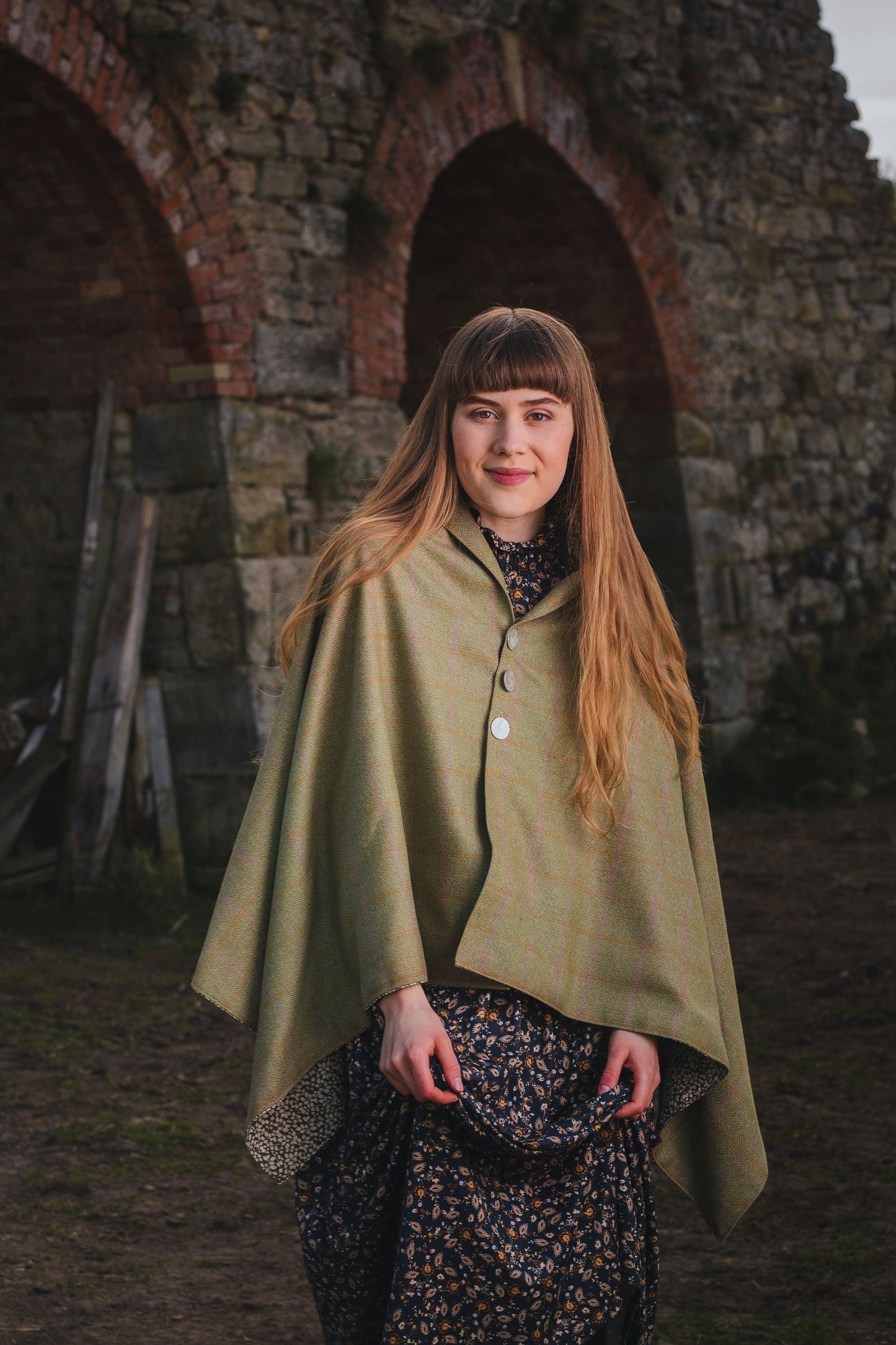 Pale Beige Lovat Tweed Poncho lined with Liberty Fabrics