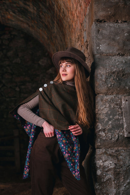 Rich Brown Lovat Tweed Poncho lined with Liberty Fabrics