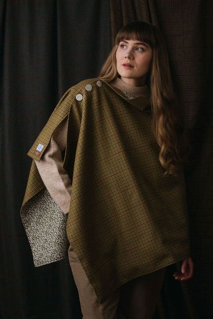 Classic Check Lovat Tweed Poncho lined with Liberty Fabrics