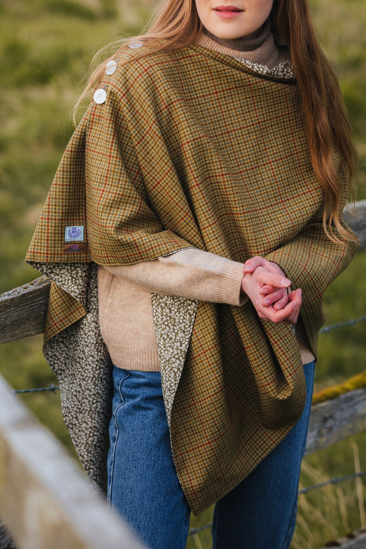Classic Check Lovat Tweed Poncho lined with Liberty Fabrics