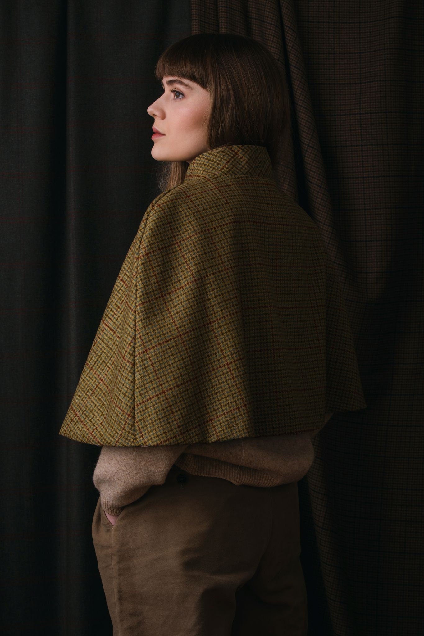 Classic Check Lovat Tweed Tie Neck Cape lined with Liberty Fabric