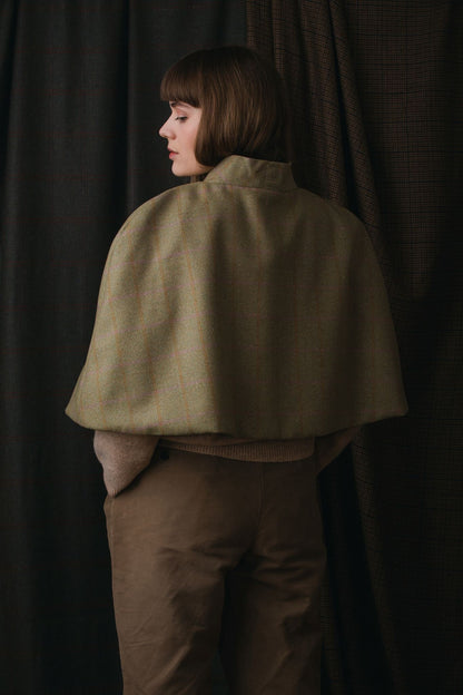 Pale Beige Lovat Tweed Tie Neck Cape lined with Liberty Fabrics