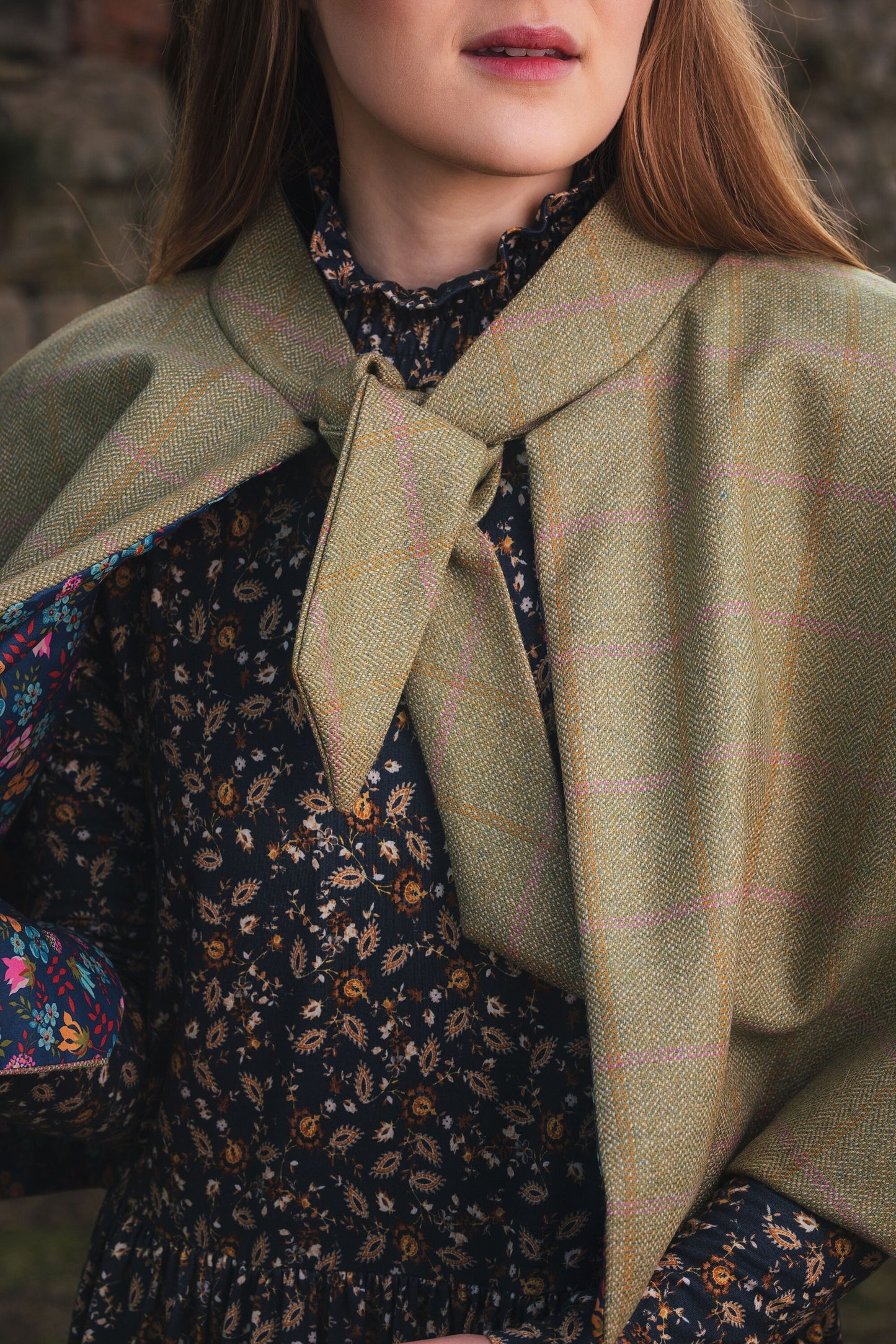 Pale Beige Lovat Tweed Tie Neck Cape lined with Liberty Fabrics