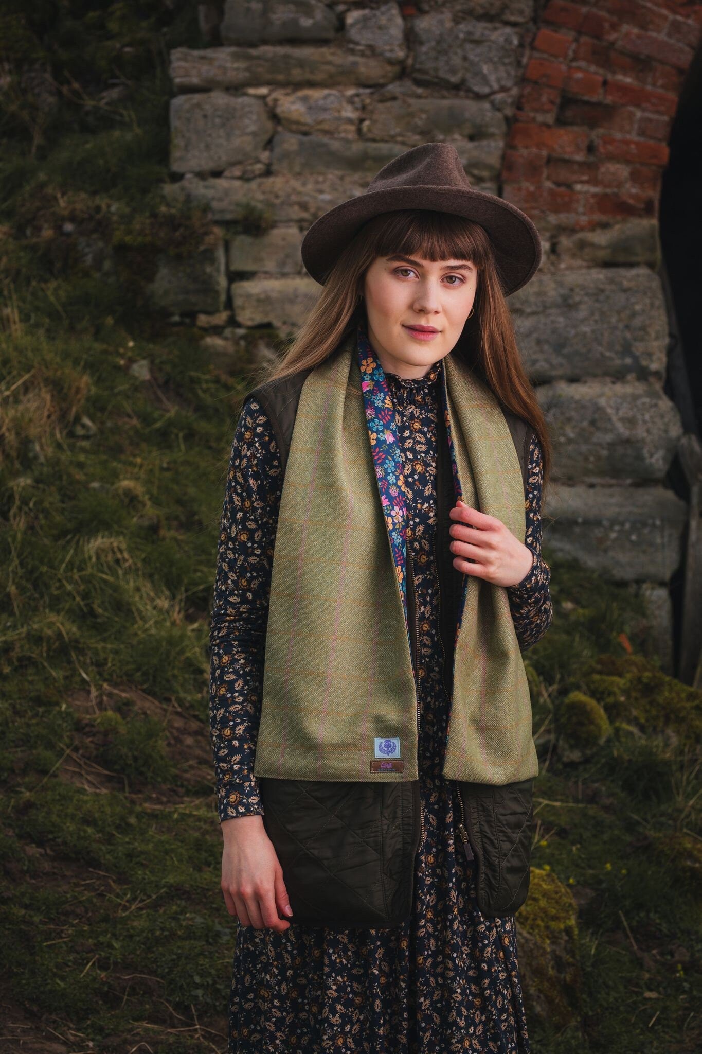 Pale Beige Lovat Tweed Long Scarf lined with Liberty Fabrics