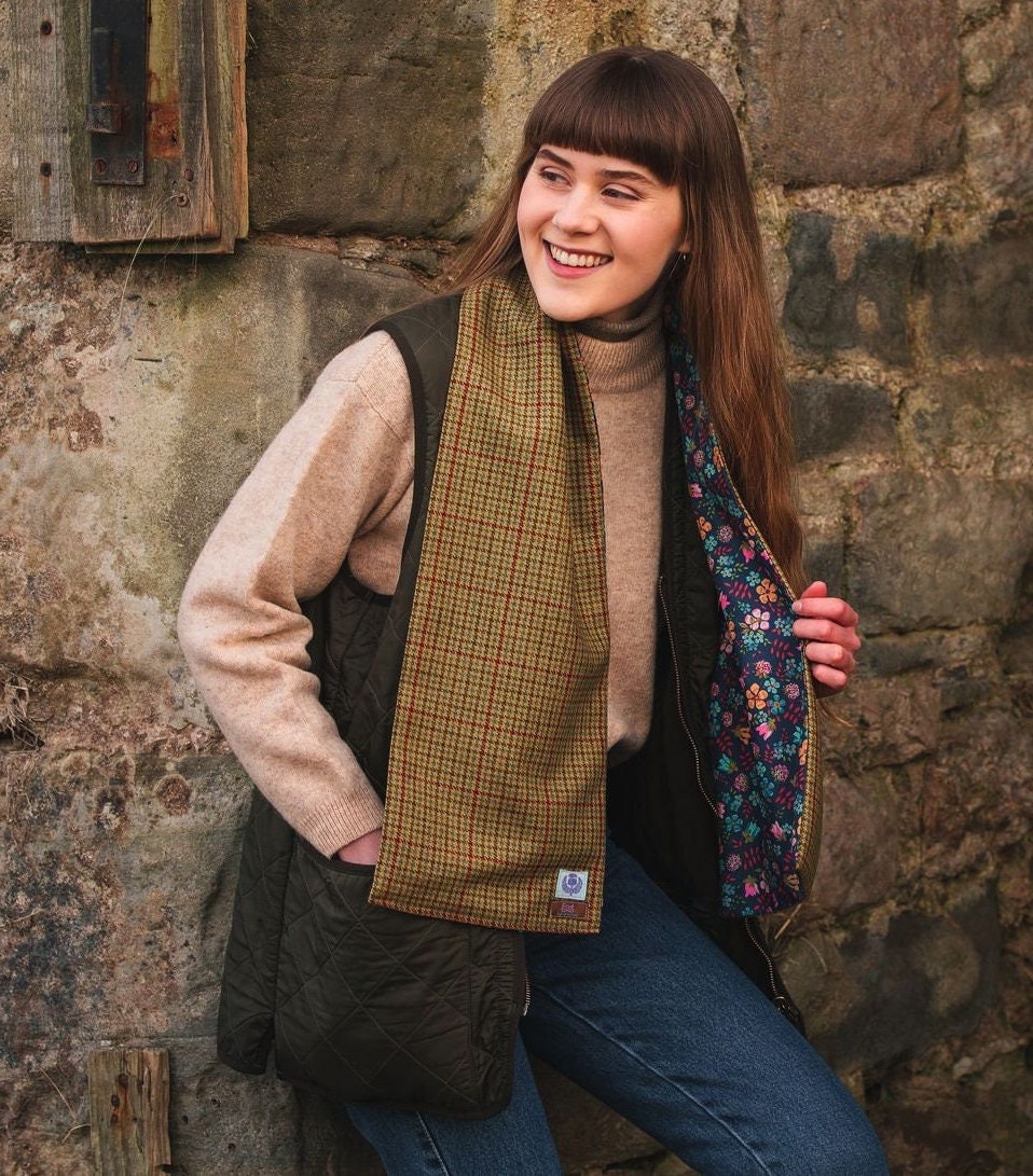 Classic Check Lovat Tweed Long Scarf lined with Liberty Fabrics