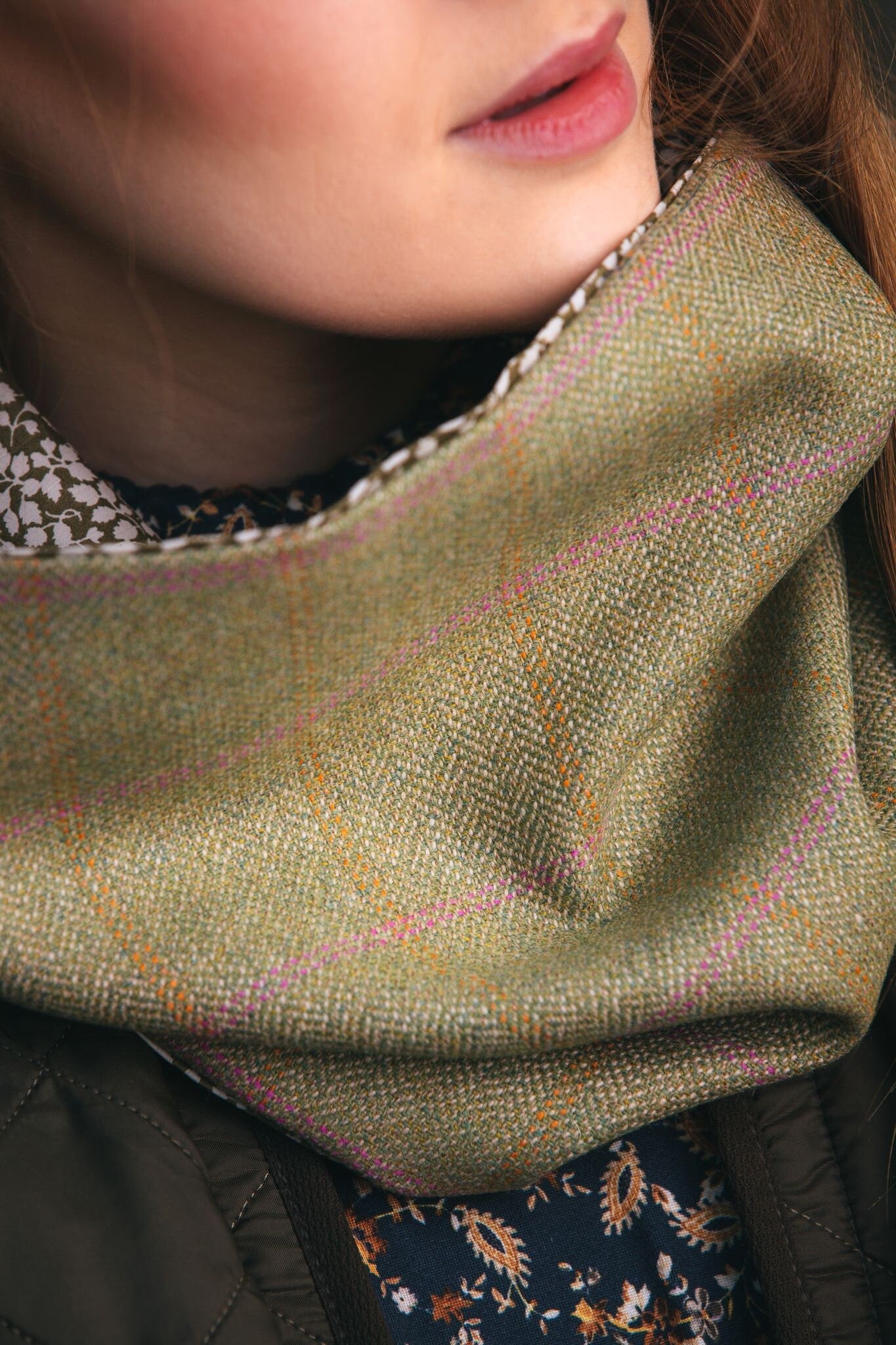 Pale Beige Lovat Tweed Cowl lined with Liberty Fabrics