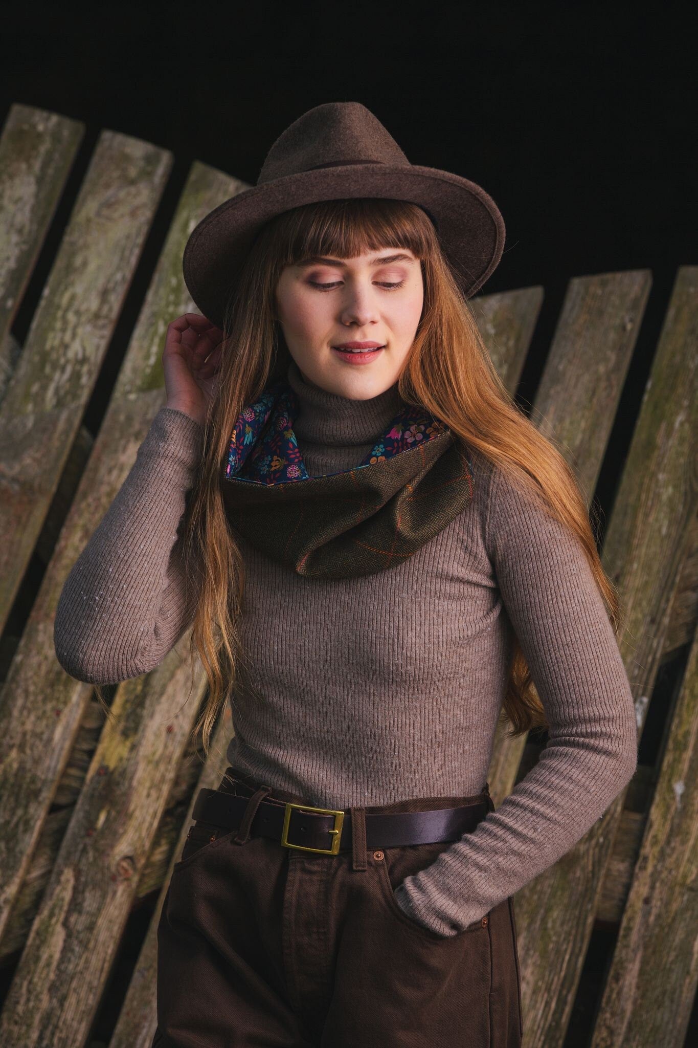 Dark Brown Lovat Tweed Cowl lined with Liberty Fabrics